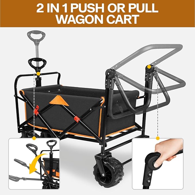 Taifa Foldable Collapsible Wagon Cart with Extra Push Pull Handle, Heavy Duty Portable Folding Beach Utility Grocery Wagon Cart with Big Wheels and Brakes for Sand, Camping, Shopping, Black and Orange