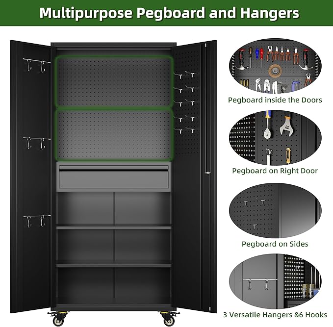 71" H Garage Storage Cabinet with Wheels and Doors,Metal Tool Storage Cabinet with Pegboard and Drawer for Garage Warehouse Home,Required Assembly,Black