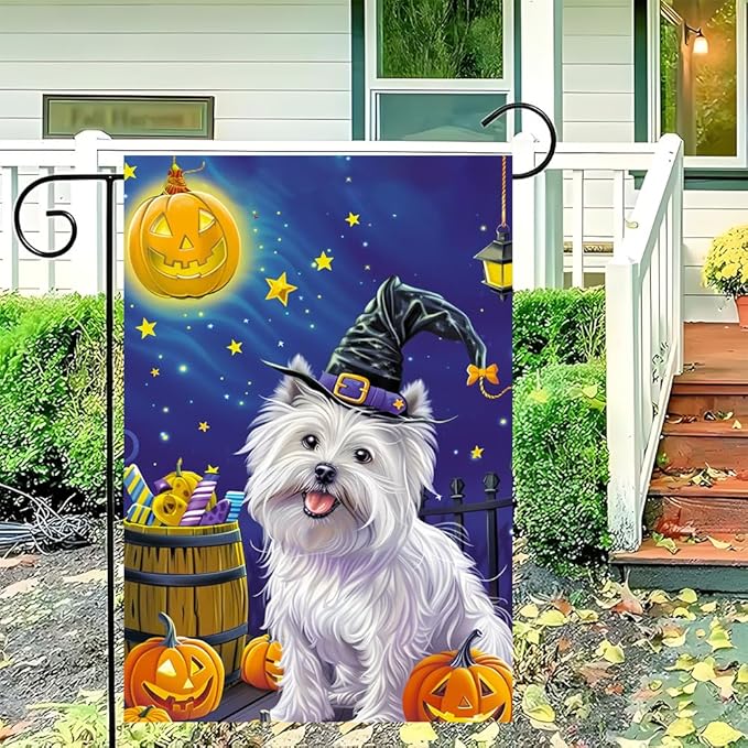 Halloween White Dog Garden Flag 12x18 Inch Double Sided Outdoor Flag