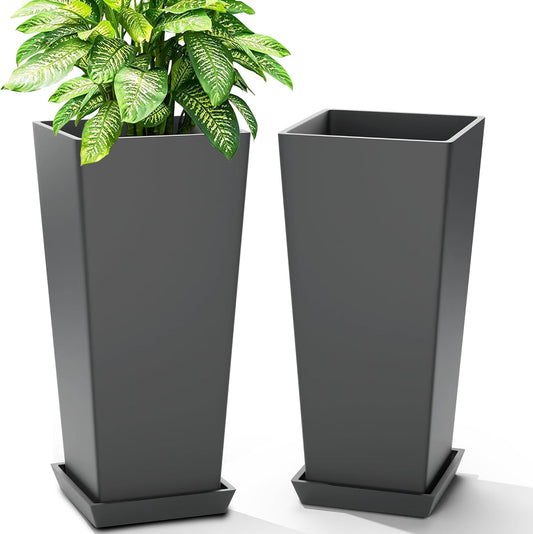 FENCY Set of 2 Tall Planters for Outdoor Plants, 24 Inch Large Tapered Pots with Drainage Trays, Weather-Resistant Plastic Plant Containers for Patio, Porch, Garden, Front Door Decor,Gray