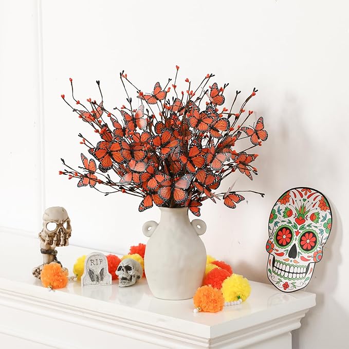 8 Pcs Monarch Butterfly Day of The Dead Decorations, Artificial Butterfly Picks Flower Bouquet for Altar Vase Filler Table Centerpiece Home Decor Halloween Floral Arrangements