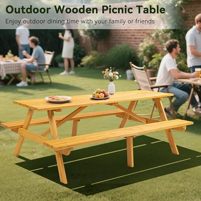8-Person Wooden Picnic Table with 2 Built-In Benches, 75"L x 50"W Outdoor Dining Table, 2220lb Capacity Includes Umbrella Hole & Weather-Resistant Finish, Perfect for Backyard, Camping, Yellow