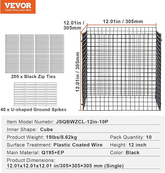 VEVOR 10 Pack Plant Protectors from Animals, 12'' x 12'' Chicken Wire Plant Protector, Plant Cages for Outdoor Plants, Flowers & Vegetables, Keeps Bunny Chicken Squirrels Out, 40pcs Metal Mesh