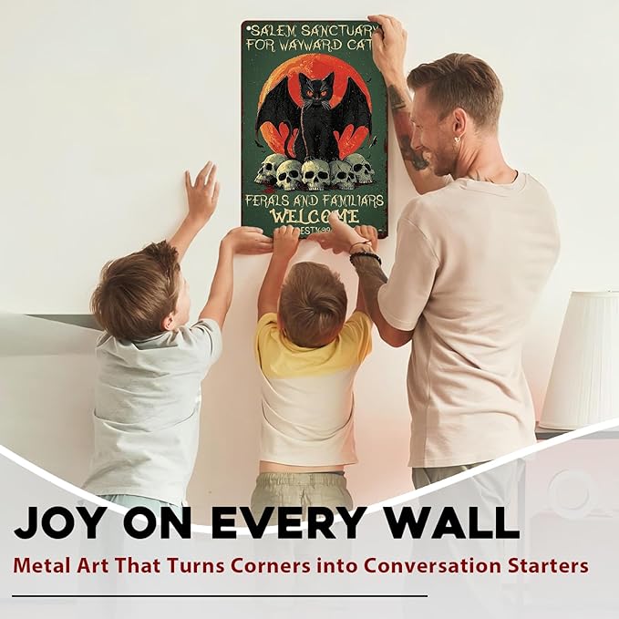 Salem Sanctuary Black Cat Metal Tin Sign Halloween Decor Vintage Gothic Decor Retro Wall Art Rustic Tin Plaque For Home Bar Cat Lovers 8x12inch