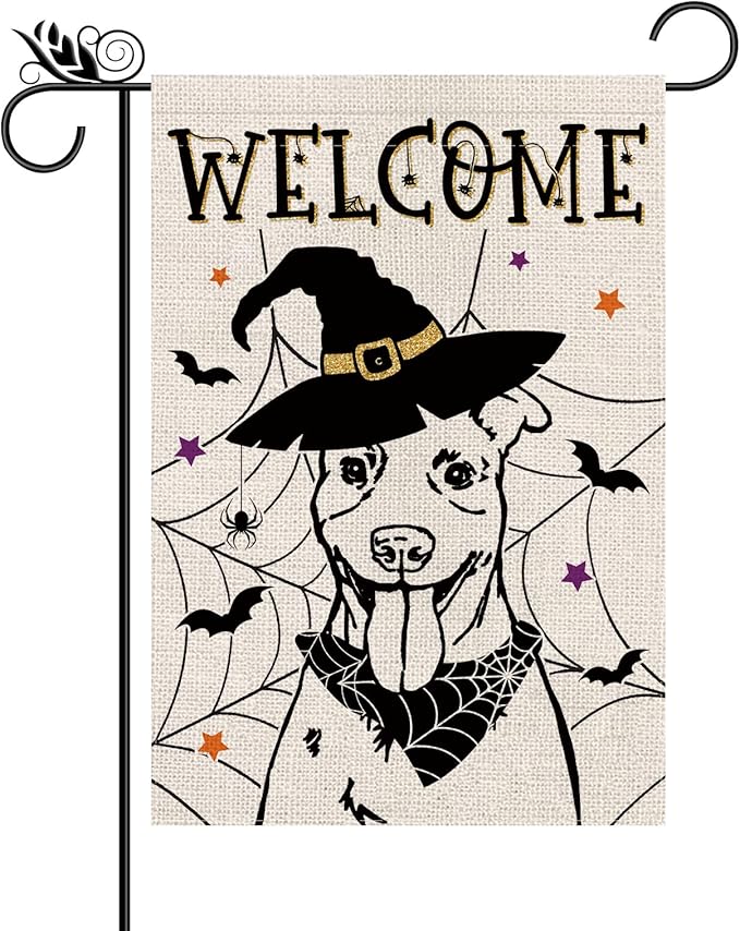 Halloween Garden Flag Pitbull Cobweb Bats Double Sided Vertical Welcome Flag Seasonal Holiday Outdoor Yard Lawn Party Decorations 12.5 x 18 Inch