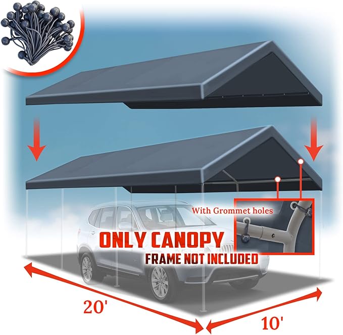 YardGrow 10x20 FT Carport Replacement Canopy Cover Garage Shelter Outdoor Carport Canopy Top Tent Shelter Tarp, Canopy ONLY (Grey)
