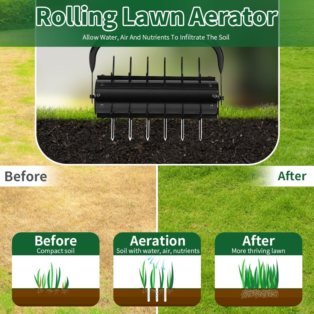 Lawn Aerator, 17'' Grass Rolling Aerators Tool Manual Garden Aerator with Handle Aeration Tool Lawn Steel Nails Aerator Machine with Sandbag, Patio Soil Roller Air Aerator Tool for Yard