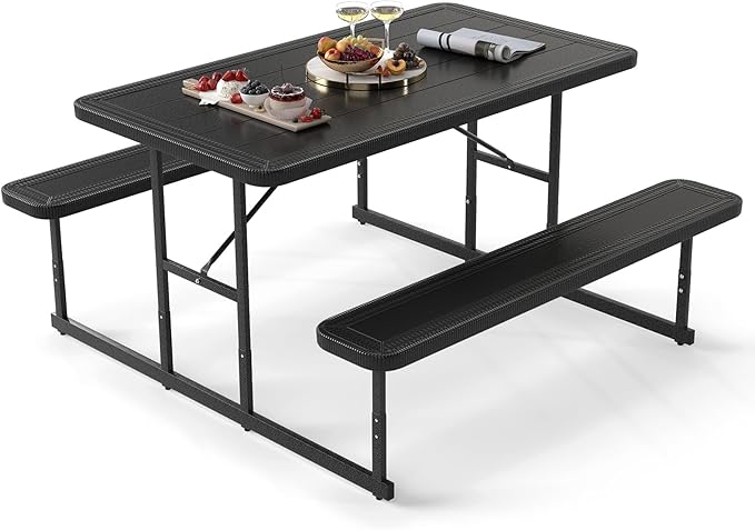 Giantex Picnic Table Bench Set for 4 People, 4.5FT Outdoor Rectangular Dining Table & 2 Benches w/Umbrella Hole, HDPE Tabletop, Metal Frame, Patio Garden Backyard Poolside (4.5FT,Non-Foldable,Black)