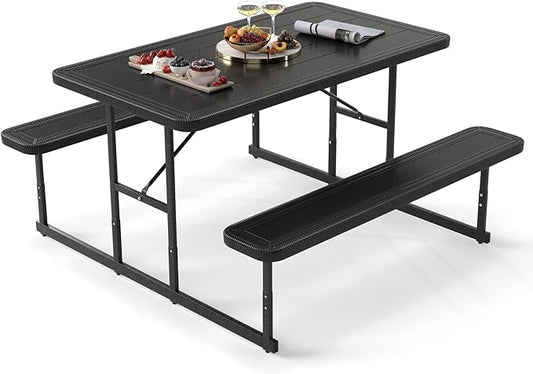 Giantex Picnic Table Bench Set for 4 People, 4.5FT Outdoor Rectangular Dining Table & 2 Benches w/Umbrella Hole, HDPE Tabletop, Metal Frame, Patio Garden Backyard Poolside (4.5FT,Non-Foldable,Black)