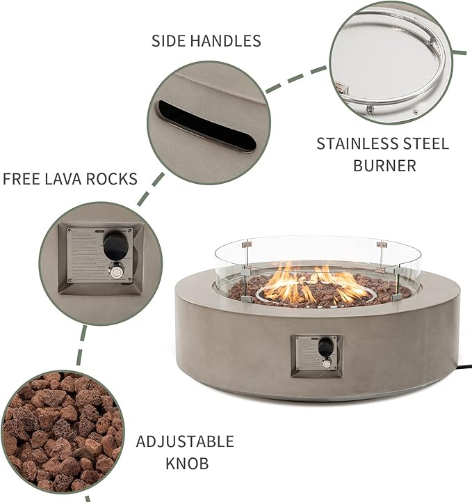 COSIEST Outdoor Propane Fire Pit Coffee Table w Gray 42 inch Round Base Patio Heater, CSA Certified, 50,000 BTU Stainless Steel Burner, Wind Guard, Tank Outside, Free Lava Rocks, Waterproof Cover