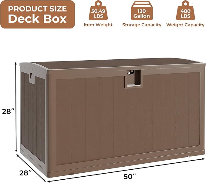 130Gallon Brown Resin Deck Box, Outdoor Storage Box Waterproof Lockable, Patio Deck Box For Package Delivery, Outside Storage Box Container for Furniture Cushions, Garden Tools, Pool Accessories