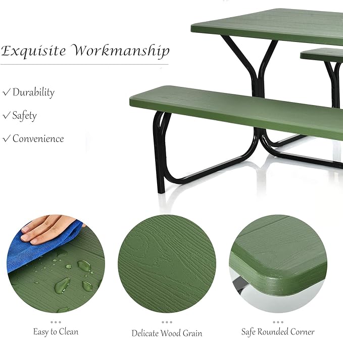 Giantex Picnic Table Bench Set Outdoor Camping All Weather Metal Base Yard Pool Dining Party Garden Patio Lawn Deck Large Camping Table (Green)