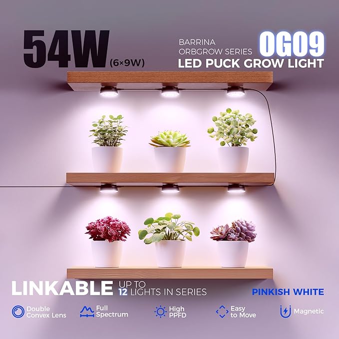 Barrina Orbgrow OG09 Puck LED Grow Light, Pinkish White 54W(6 x 9W, 810 Watt Equiv), Plant Lights for Indoor Plants Full Spectrum, Magnetic & Linkable, Small Grow lamp for Plant Shelf, 6 Packs, Black