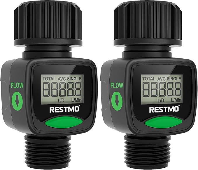 [2 Pack] RESTMO Water Flow Meter, High Measure Accuracy, Measure Gallon/Liter Consumption and Flow Rate for Outdoor Garden Hose Watering, RV Water Tank Filling, Lawn Sprinkler and Nozzle Sprayer
