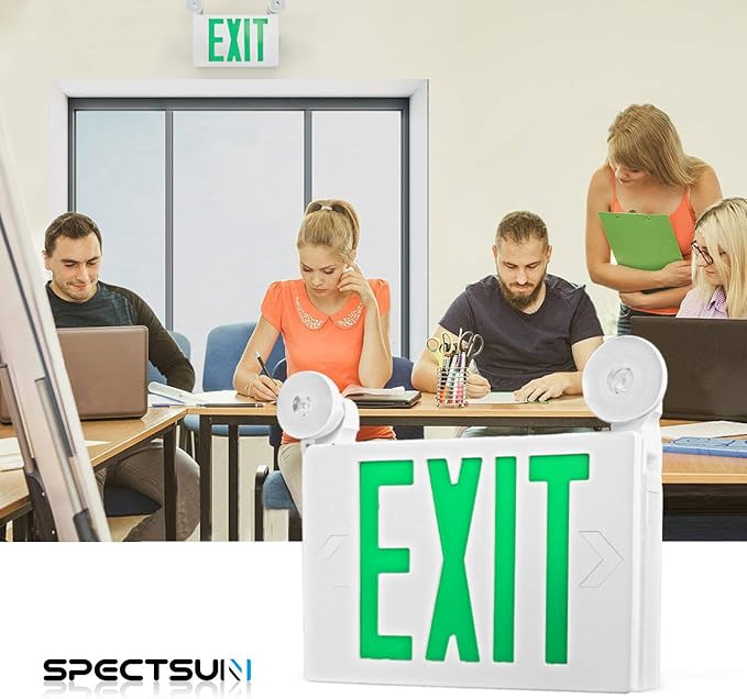 SPECTSUN 1 Pack LED Exit Emergency Light with Battery Backup, Green Exit Emergency Sign with 2 Lamp Heads, UL Listed, AC 120/277V, Hardwired Exit Signs with Emergency Lights, Commercial Emergency Lights for Business.
