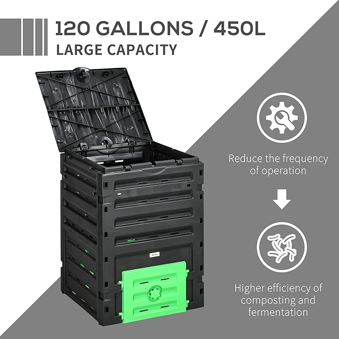 Compost Bin Outdoor 120 Gallon (450L) Garden Composter, BPA Free, with 80 Vents and 2 Sliding Doors, Lightweight Outdoor Compost Box for Garden, Kitchen, and Yard Waste, Black