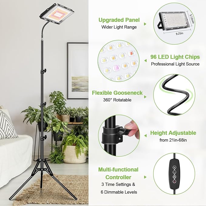 LBW Grow Lights for Indoor Plants, 96 LEDs Full Spectrum Standing Plant Grow Light with 4/8/12H Timer, 6 Dimmable Levels,68" Adjustable Tripod, Floor Grow Lamp for Tall Large Indoor Plants Growing
