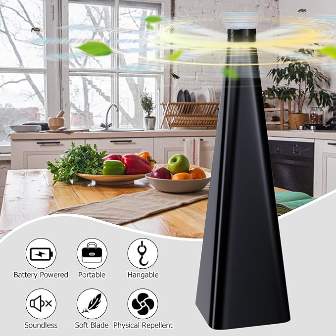 Glovv Fly Fans for Tables, Food Fans to Keep Flies Away Indoor Outdoor, Bug Deterrent Spinners Portable Battery Powered Flies Table Top Fan for Dinner Home, Camping, Picnic (Black 3 Pack)