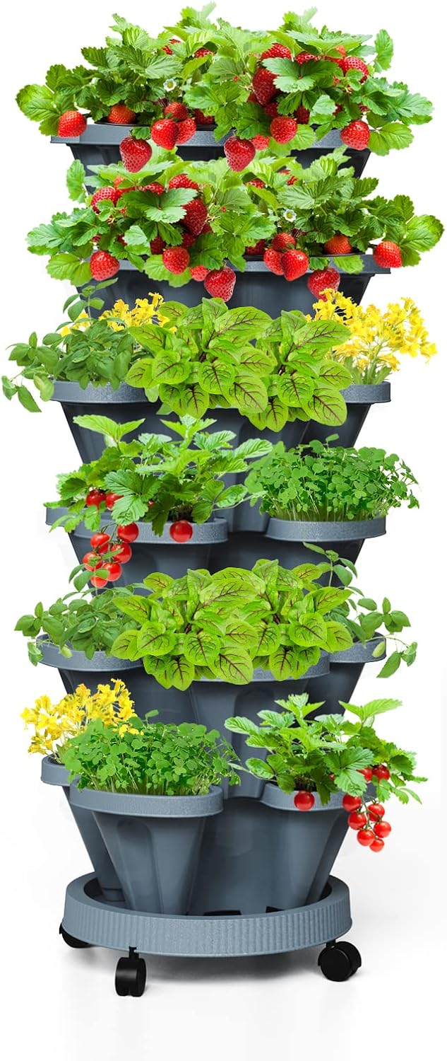 Strawberry Stackable Planters, Vertical Tower Garden, 6 Tiered Stacking Herb Vegetable Planters with Movable Casters and Bottom Saucer Indoor and Outdoor - Dark Grey