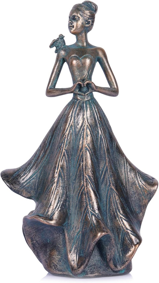 QIANLING 7'' Fairy Statue - Leaf Angel Girls with Bird Sculptures Resin Home Decor, Decorations Figurines Gift for Inside or Outside, Office, Living, Cabinets, Book Shelf or Outdoor Garden Yard