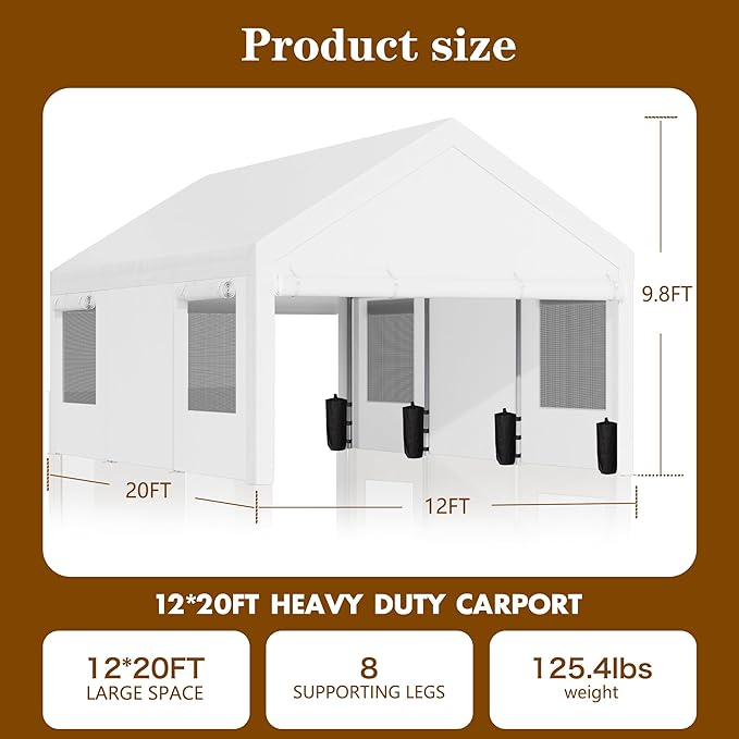 Nuturelly 12x20 FT Carport, Heavy Duty Carport Canopy with Roll-up Windows, Portable Garage with Removable Sidewalls & Doors, Car Canopy with All-Season PE Tarp for Car, Truck, Boat(White)