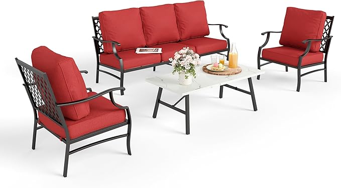 Patio Furniture Set 4 pcs, Metal Outdoor Patio Furniture, 3-Seat Sofa, 2 Single Chairs, Coffee Table and 5.75" Extra Thick Cushion, Conversation Set for Backyard Deck, Red