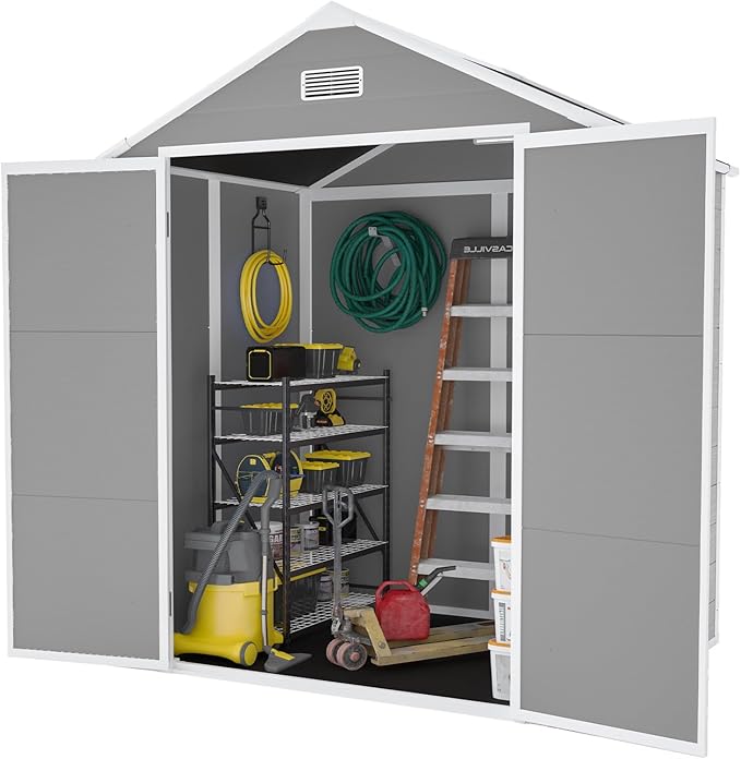 6x5 FT Resin Storage Shed,Garden House with Floor & Lockable Door,Waterproof Plastic Tool Sheds W/Slanting Roof Visual Window & Air Vents for Bicycles,Lawnmowers,Lawn,All Weather Use,Gray