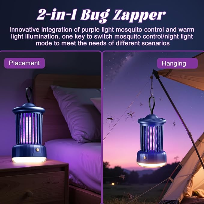 Bug Zappers, Portable USB Rechargeable with 360° Smart Zapping, Camping Lamp, Quiet Operation, Safe for Baby and Pregnant, Ideal for Garden, Home, Campsite