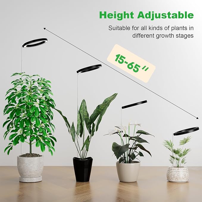 10" Grow Lights for Large Indoor Plants, Full Spectrum Indoor Plant Light for Indoor Growing with Timer,Height Adjustable Auto On/Off 3/9/12H, 9 Brightness,Led Tall Halo Grow Light for House Plants