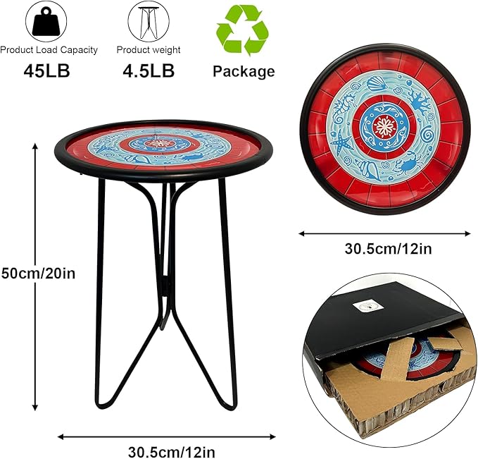 LIFFY Outdoor Side Tables, 12" Coffee Table Small Patio Table, Indoor Small Round Home Decorative End Table, Plant Stands Table Outside, for Yard Balcony Garden Bedside Pool Beach（Metal & Glass,Red）