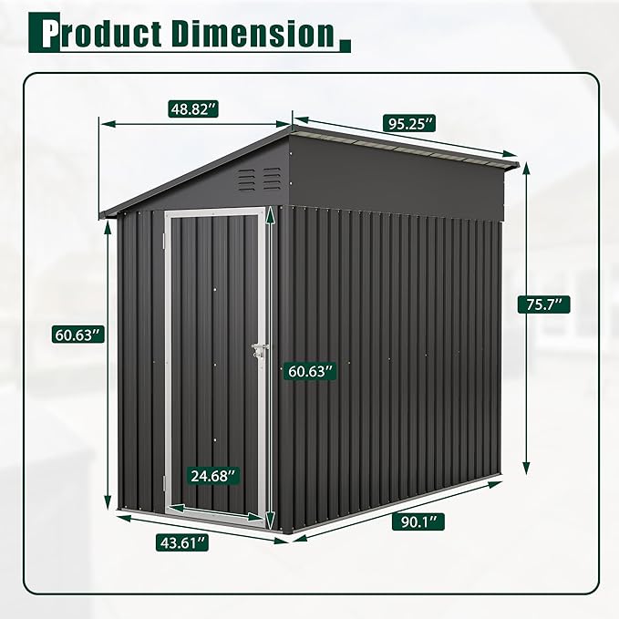 4×8 FT Outdoor Metal Storage Shed,Heavy-Duty Lean to Storage Shed with Floor Base,Garden Tool Metal Storage House W/Lockable Door and 2 Air Vents,Weather Resistant,for Backyard,Patio,Lawn,Black