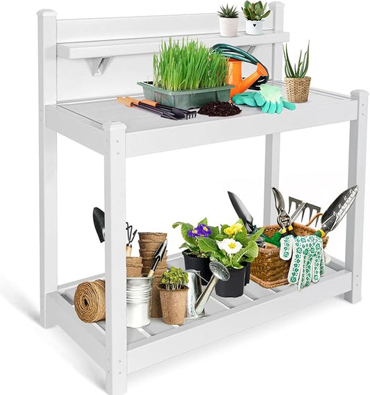 EAGLE PEAK Outdoor Indoor Maintenance Free Vinyl Garden Potting Bench, Waterproof Potting Table with Open Shelf, Lower Storage, 40inx21.6inx43.9in, White