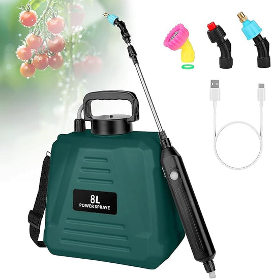2 Gallon Battery Powered Sprayer, Electric Garden Sprayer, Backpack Sprayer with 3 Mist Nozzles & USB Rechargeable Handle & Retractable Wand & Adjustable Strap for Lawn, Garden, Yard (Green)