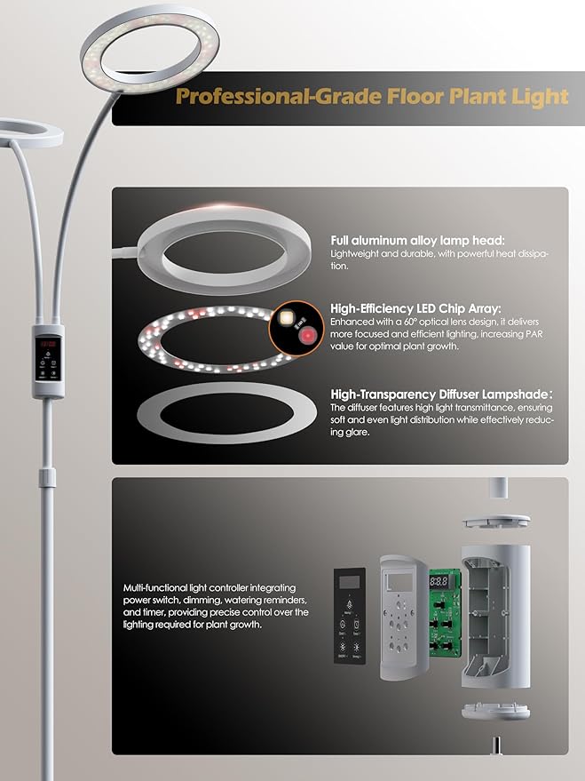 Smart Grow Lights for Indoor Plants,48W 2-Head Plant Light with Auto-Timer, Full Spectrum LED Grow Light, Adjustable Height & Stepless Dimming,Plant Assistant Suitable for Most Plants (White, 48W)