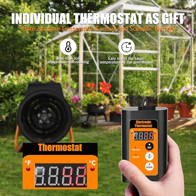 Gardtech Greenhouse Heater with Digital Thermostat, 1500W Portable Outdoor Heater with Overheat Protection, Grow Tent Heaters [Stronger air volume] Fast Heating for Patio, Garage, Flower House(Orange)