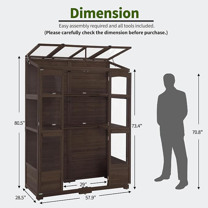 MCombo Wooden Greenhouse, Walk-in Outdoor Greenhouse with Openable Roof and Lockable Door, 0899 (Brown)