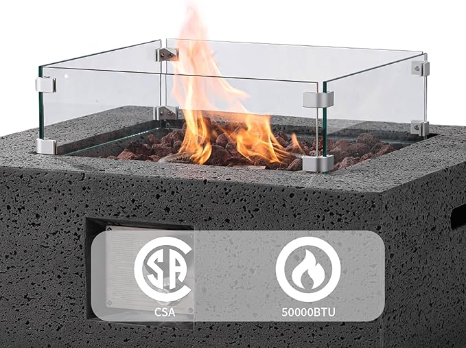 SUNBURY Outdoor Fire Pit, 35" Square Propane Gas Patio Fire Table 50,000 BTU Concrete Travertine Design, CSA Certified, Low Firepit Table with Lava Rocks, Waterproof Cover (Grey)