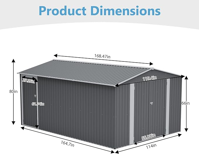 14x10 FT Outdoor Storage Shed,Metal Shed W/ 3 Lockable Doors，Floor Frame & Side Door,Garden Tool House W/ 4 Air Vents & Sloped Roof,for Backyard Patio Lawn,Light Gray