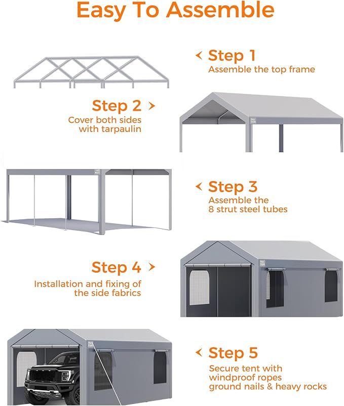 Carport, 10 x 20 FT Portable Garage Heavy Duty, Carport Canopy with Sidewalls Roll-Up Door & Windows, Car Port Canopy Tent Reinforced with Extended Skirt for Truck, Boat, Car Shed (Light Gray)