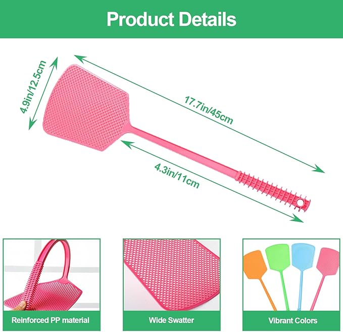 4 Pack Heavy Duty Fly Swatters, Extra Long 17.7in Plastic Bug Swatter with Non-Slip Handle – Indoor/Outdoor Manual Insect Tool, Durable & Reusable (Colorful)