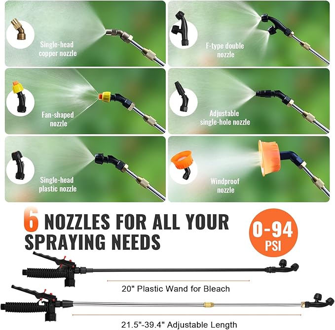 VEVOR 4 Gallon Battery Powered Backpack Sprayer with Wheeled Cart, Adjustable 0-94 PSI, 13FT Hose, 6 Nozzles, 2 Wands Included, Wide Mouth Lid for Weeding, Cleaning, Long Spray Time, White+Orange