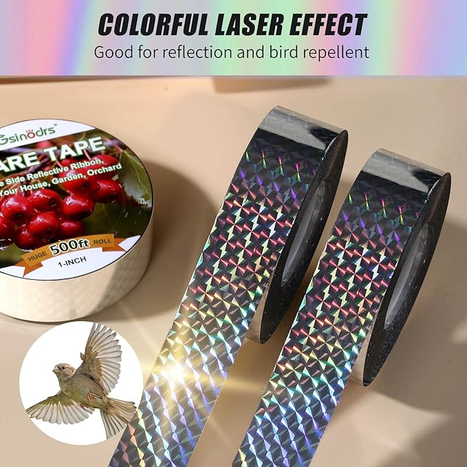 Double Bird Scare Tape Ribbon, Side Reflective Ribbon to Birds from Hitting Windowws and Protect Your House, Garden, Orchard (Silver, 1in * 500FT *2) - No Adhesive, Easy Tie-On Installation