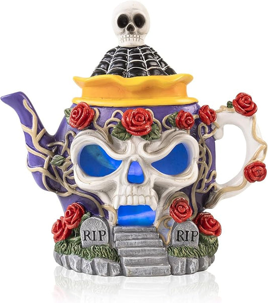 Light Up Halloween Haunted House Decor, 8.3"X 8.1" Resin Skull Head Decorative Teapot Figurine with Roses, Spooky Skeleton Miniature Village Indoor Outdoor Table Mantel Decorations for Home