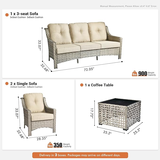 4 Pieces Patio Outdoor Furniture Set,All Weather Wicker Rattan Patio Seating Sofa and Chair Set w/ 3-Seater Sofa and Glowing Coffee Table,Outdoor Conversation Sets for Deck Yard Garden,Beige