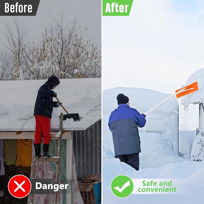 Gisafai Snow Roof Rake Snow Removal Tool with 5 Section Tubes 25 Inch Blade Adjustable 4.8-20 ft Reach Aluminum Shovel Rugged Slide for Single Cabins Car Roof(Orange)