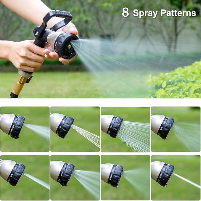 FANHAO Heavy Duty Fireman's Hose Nozzle, Metal Water Nozzle with 8 Spray Patterns，High Pressure Garden Hose Sprayer with Lever Control and Non-Slip Grip to Water Lawns & Plants, Wash Cars & Clean