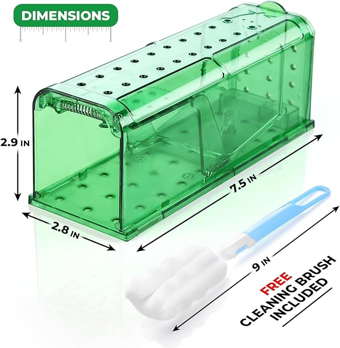 Humane Mouse Trap Pack of 2 - No Kill - Live Mouse Traps Indoor for Home Use - Reusable Rodent Traps for House Indoor, Safe & Effective Rat Trap Outdoor - Humane Mice Control with Cleaning Brush