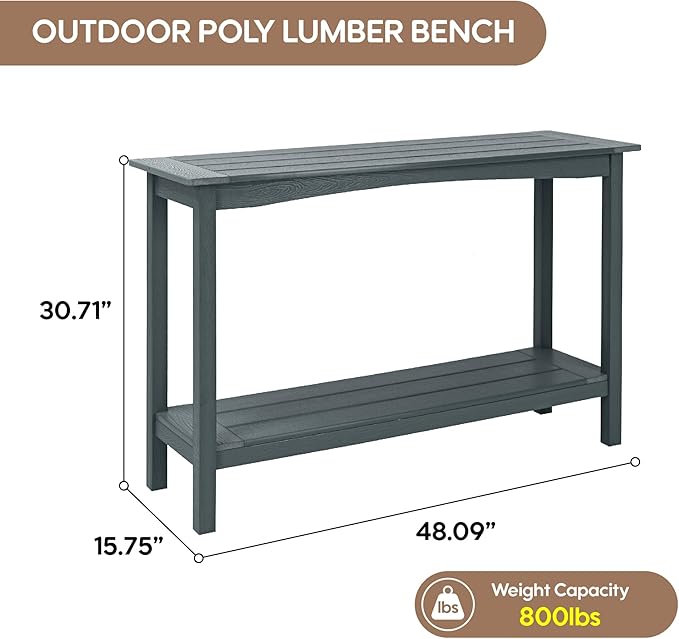 Weatherproof HIPS Outdoor Console Table, 48'' 2-Shelf SideTable Indoor/Outdoor Use, Multifunctional Buffet Table Bar Storage Organizer for Entryway,Yard, Patio, Outside Plant Stand Table, Grey
