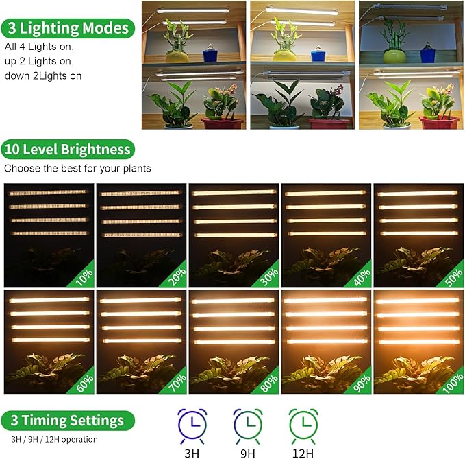 LED Plant Growing lamp, 3000K Full Spectrum Grow Light Strips for Indoor Plants with 3/9/12H Timer & 10 Dimmable Levels, Led Growth Light for Green House Hydroponics Succulent 13In 4Head