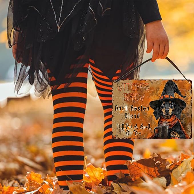 Funny Dog Halloween Metal Tin Sign Dachshund Witch Coffee Rustic Wall Art Vintage Tin Plaque Retro Metal Poster Iron Painting Home Decor 12x16inch